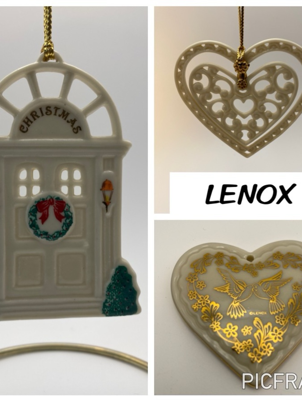 Vintage Lenox White Porcelain Christmas Door & Gold-Accented Heart Ornaments